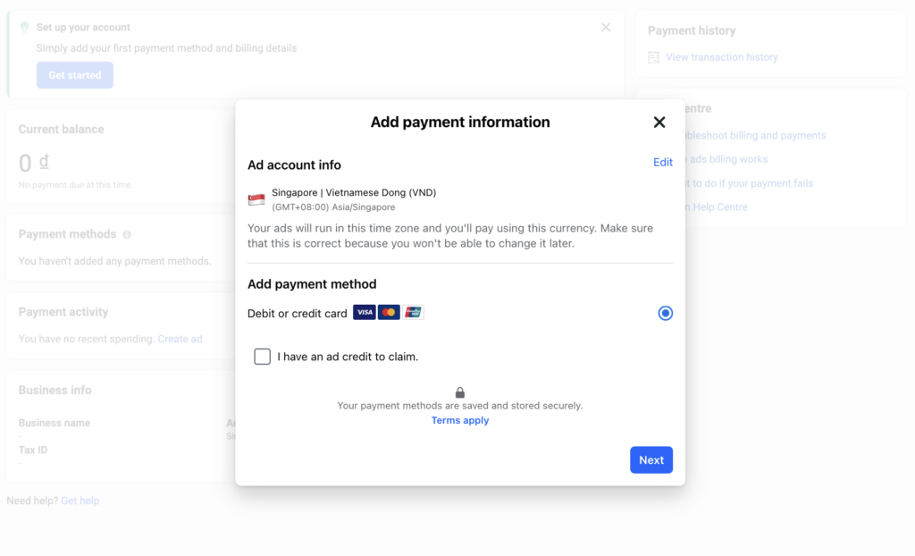 Add a payment method to your ad account to fund your advertising campaigns